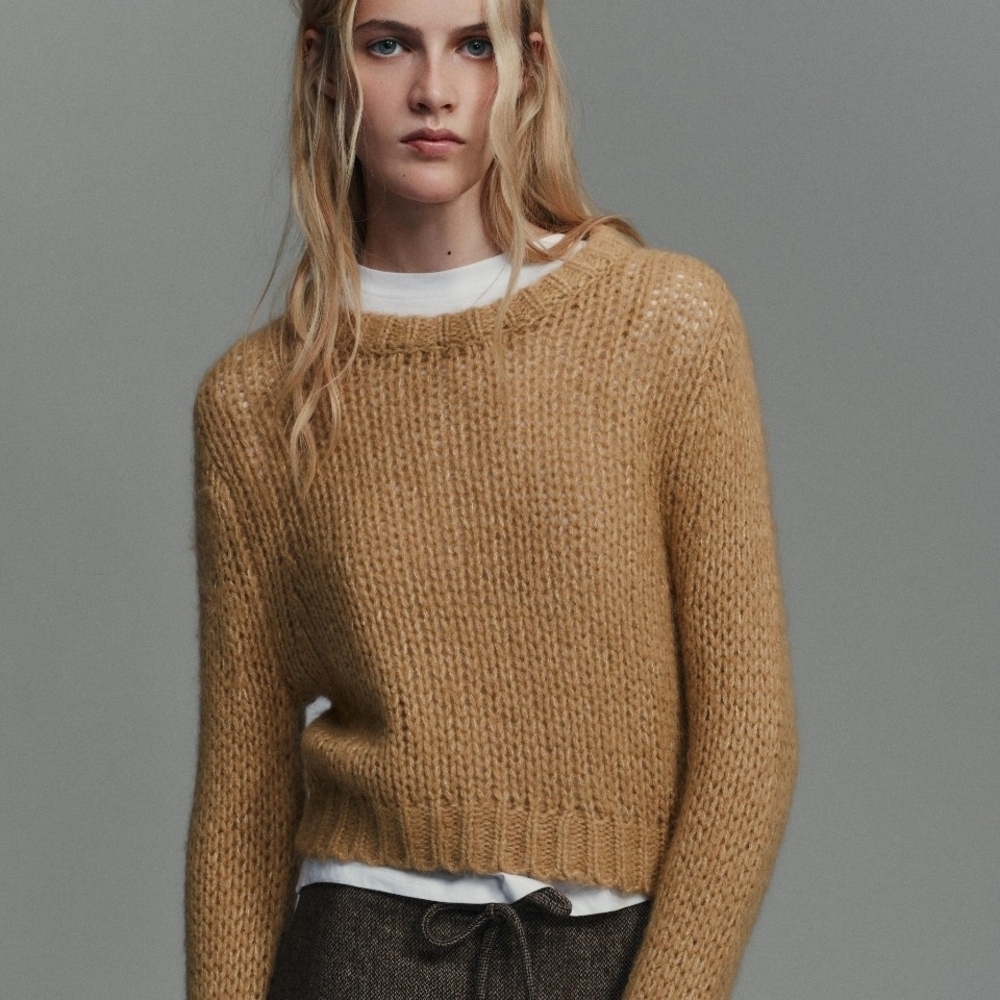 NWT Zara Brushed Effect Wool Blend Crewneck Sweater In Taupe Brown - S